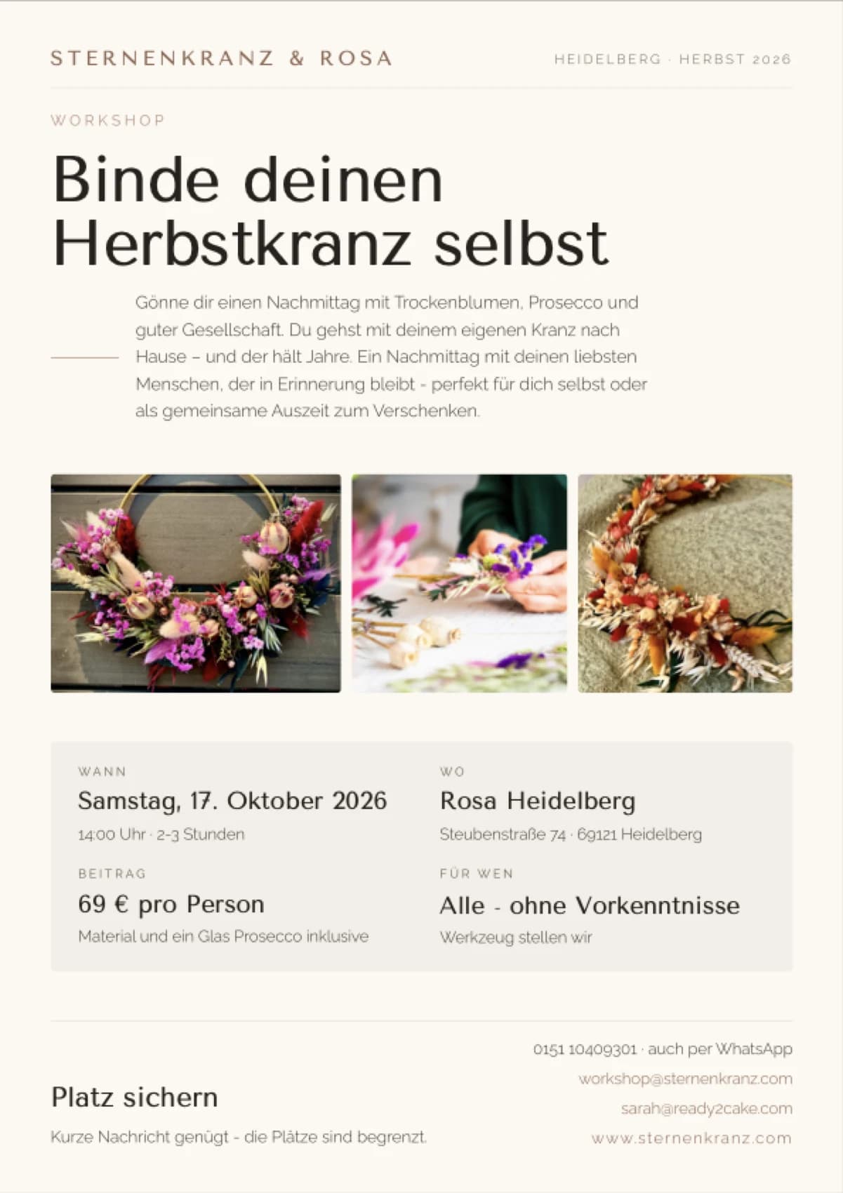 Flyer zum Themenworkshop Herbstzauber: Sternenkranz und Rosa, Heidelberg, Herbst 2026 — mit drei Fotos gebundener Kränze sowie Termin, Ort und Beitrag